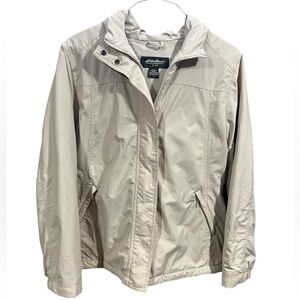 Eddie Bauer Hooded Khaki Zip Up Coat Jacket Large Outdoor Casual Neutral Fall‎